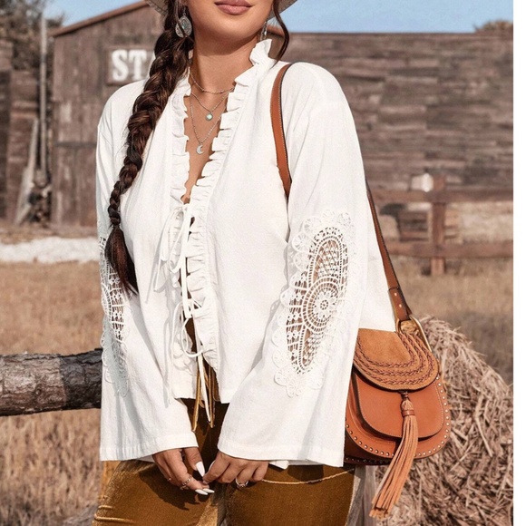 Plus White Floral Lace Insert Ruffle Detail Front Tie Top - Picture 6 of 7